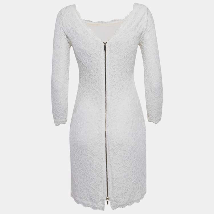 Pre Owned Diane Von Furstenberg White Lace Mini Dress M