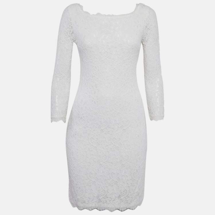 Pre Owned Diane Von Furstenberg White Lace Mini Dress M
