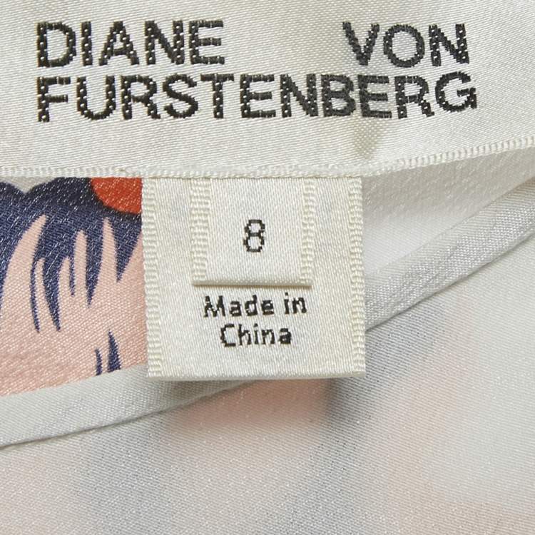 Pre Owned Diane Von Furstenberg White Floral Print Flutter Sleeve Top L