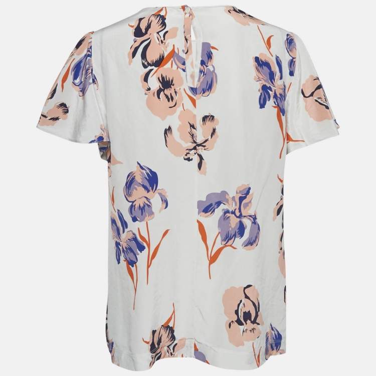 Pre Owned Diane Von Furstenberg White Floral Print Flutter Sleeve Top L