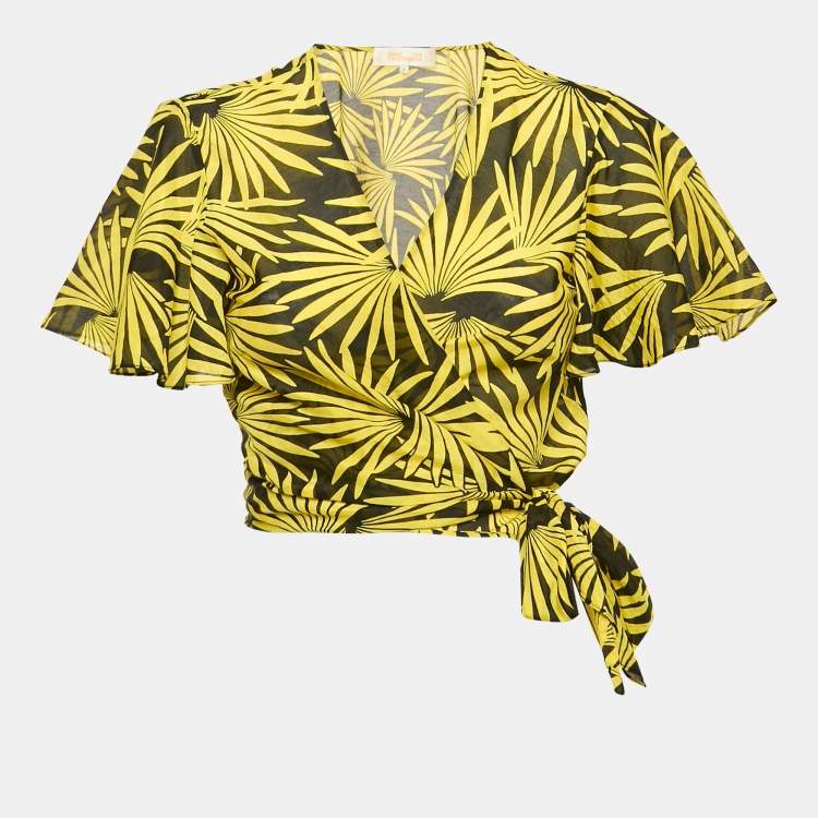 Pre Owned Diane Von Furstenberg Yellow Printed Cotton & Silk Wrap Top S