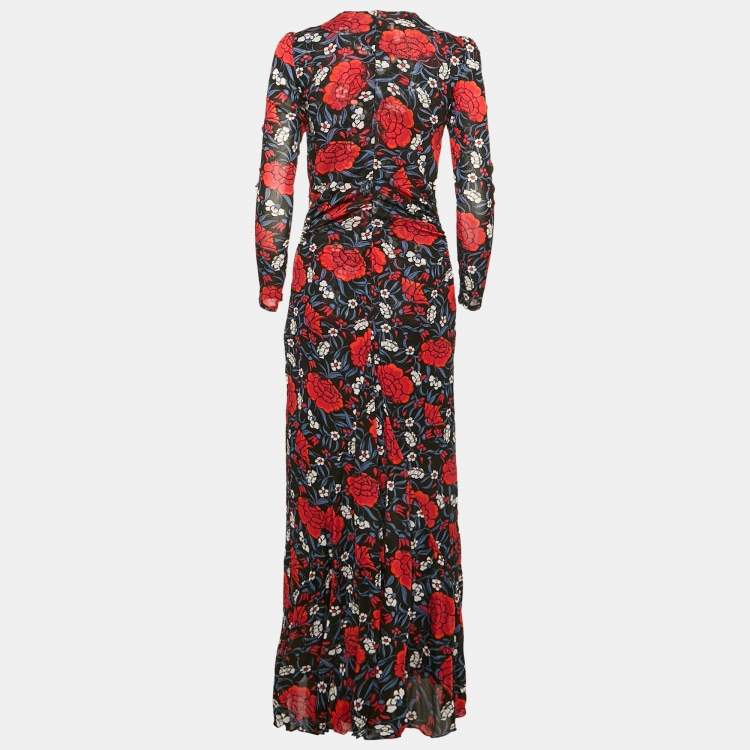 Pre Owned Diane Von Furstenberg Black Floral Print Jersey Long Sleeve Maxi Dress L 