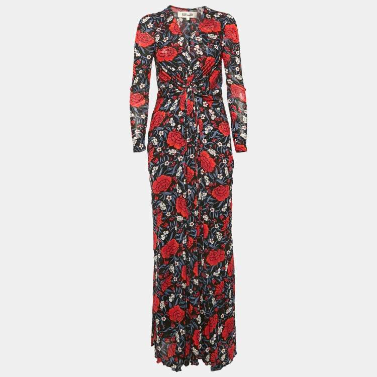 Pre Owned Diane Von Furstenberg Black Floral Print Jersey Long Sleeve Maxi Dress L 