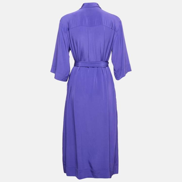 Pre Owned Diane Von Furstenberg Purple Button Front Belted Midi Shirt Dress S
