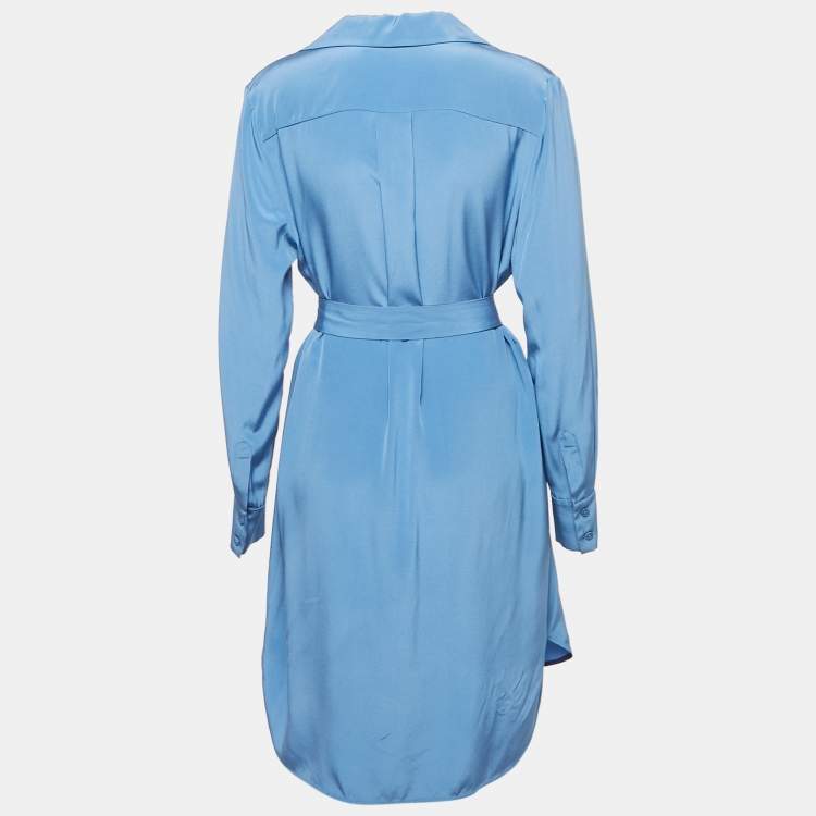Pre Owned Diane Von Furstenberg Blue Silk Belted Shirt Dress L