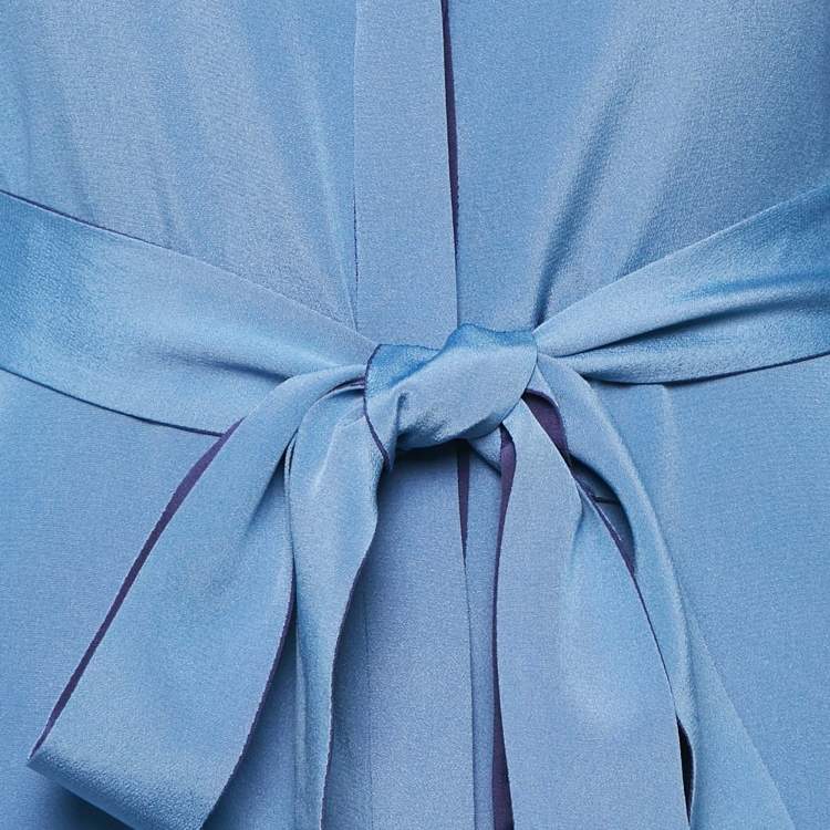 Pre Owned Diane Von Furstenberg Blue Silk Belted Shirt Dress L