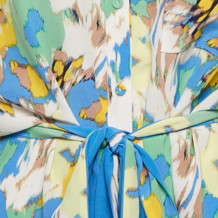 Pre Owned Diane Von Furstenberg Yellow Printed Crepe Belted Midi Dress L
