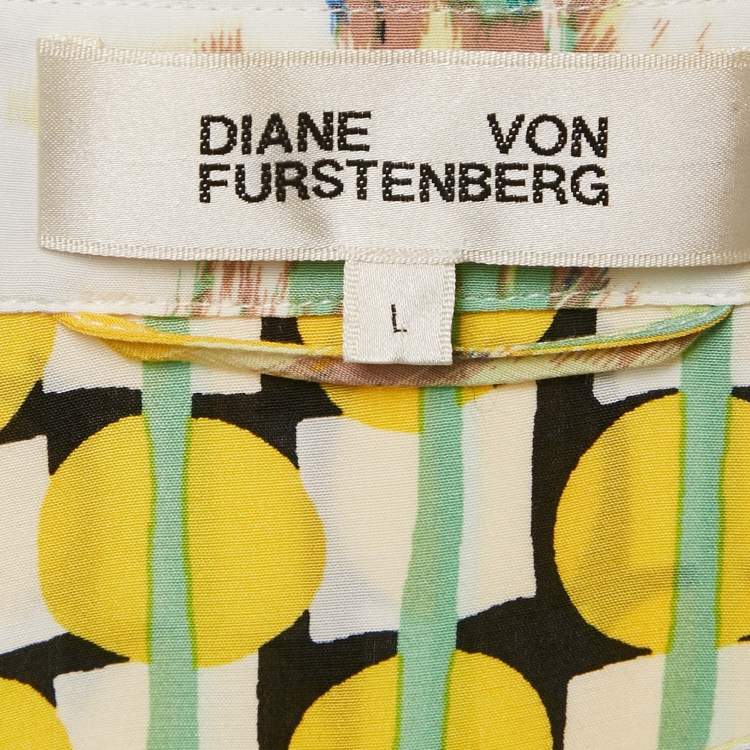 Pre Owned Diane Von Furstenberg Yellow Printed Crepe Belted Midi Dress L