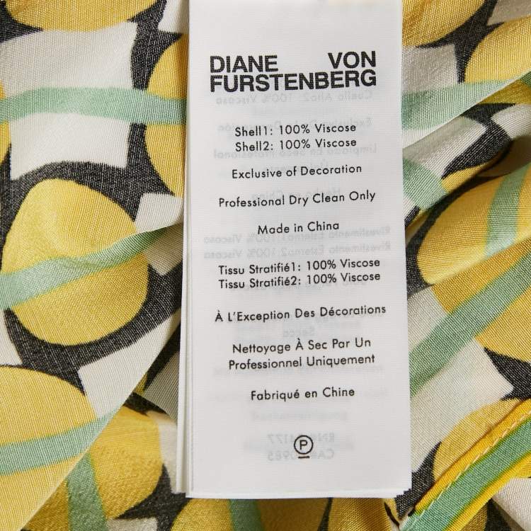 Pre Owned Diane Von Furstenberg Yellow Printed Crepe Belted Midi Dress L