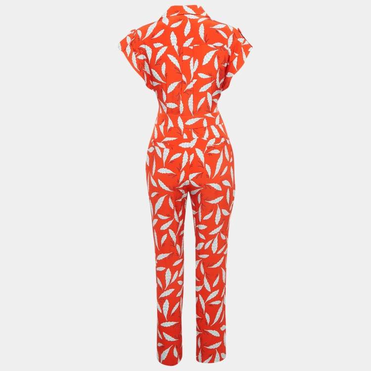 Pre Owned Diane Von Furstenberg Red Benji Print Crepe Tie-Up Detail Jumpsuit S