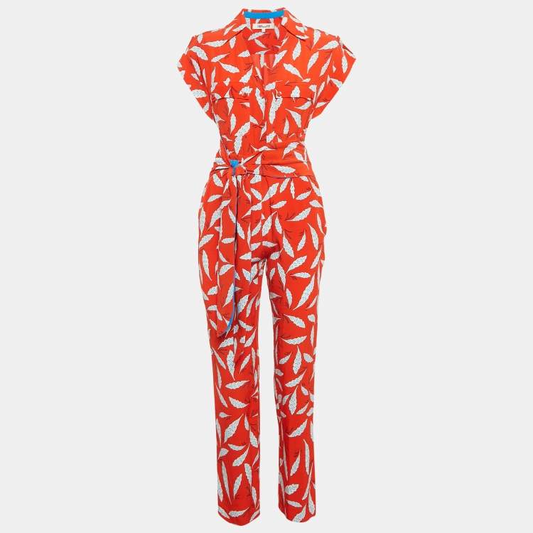 Pre Owned Diane Von Furstenberg Red Benji Print Crepe Tie-Up Detail Jumpsuit S
