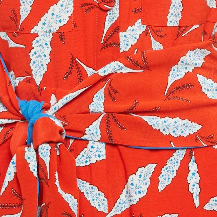 Pre Owned Diane Von Furstenberg Red Benji Print Crepe Tie-Up Detail Jumpsuit S