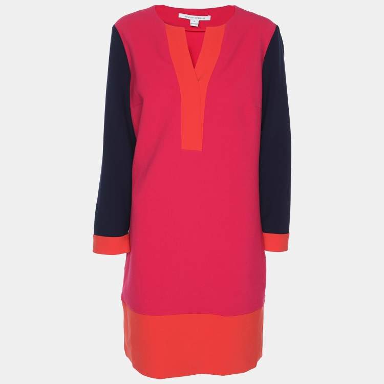 Pre Owned Diane Von Furstenberg Pink Colorblock Crepe Shift Dress L