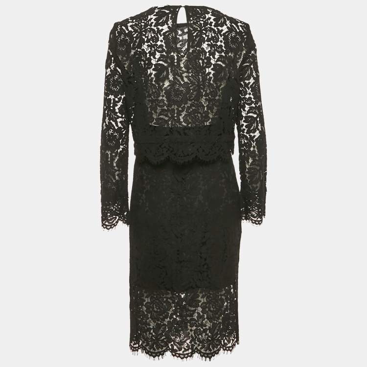 Pre Owned Diane Von Furstenberg Black Lace Yeva Top and Skirt Set L