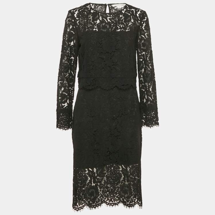 Pre Owned Diane Von Furstenberg Black Lace Yeva Top and Skirt Set L