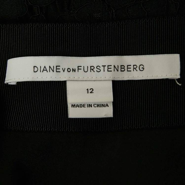 Pre Owned Diane Von Furstenberg Black Lace Yeva Top and Skirt Set L
