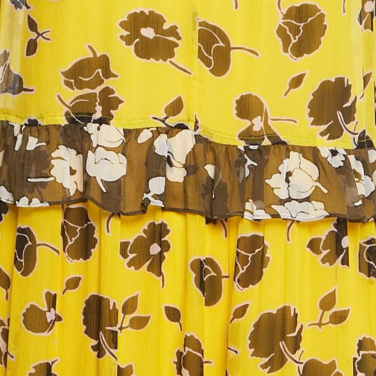 Pre Owned Diane von Furstenberg Yellow Floral Print Silk Long Dress S
