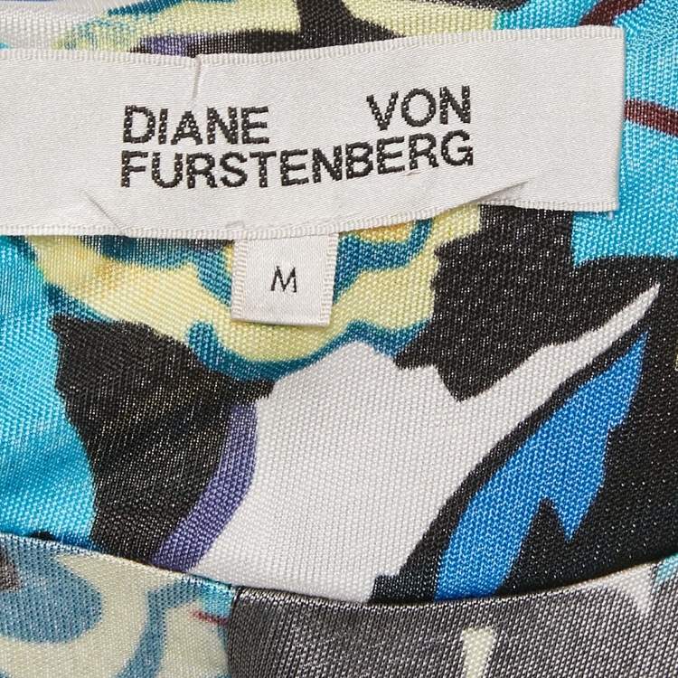 Pre Owned Diane Von Furstenberg Blue Printed Jersey Twist-Front Emmaline Mini Dress M