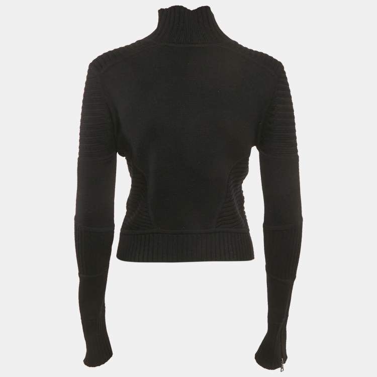 Pre Owned Diane Von Furstenberg Black Wool Knit Ruffled Zip-Up Madelyne Cardigan S