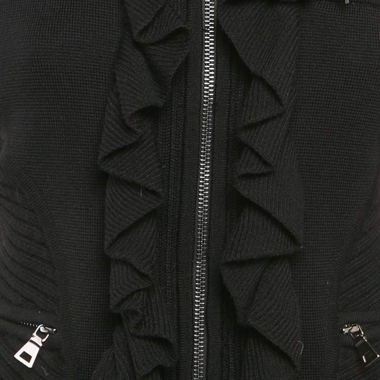 Pre Owned Diane Von Furstenberg Black Wool Knit Ruffled Zip-Up Madelyne Cardigan S