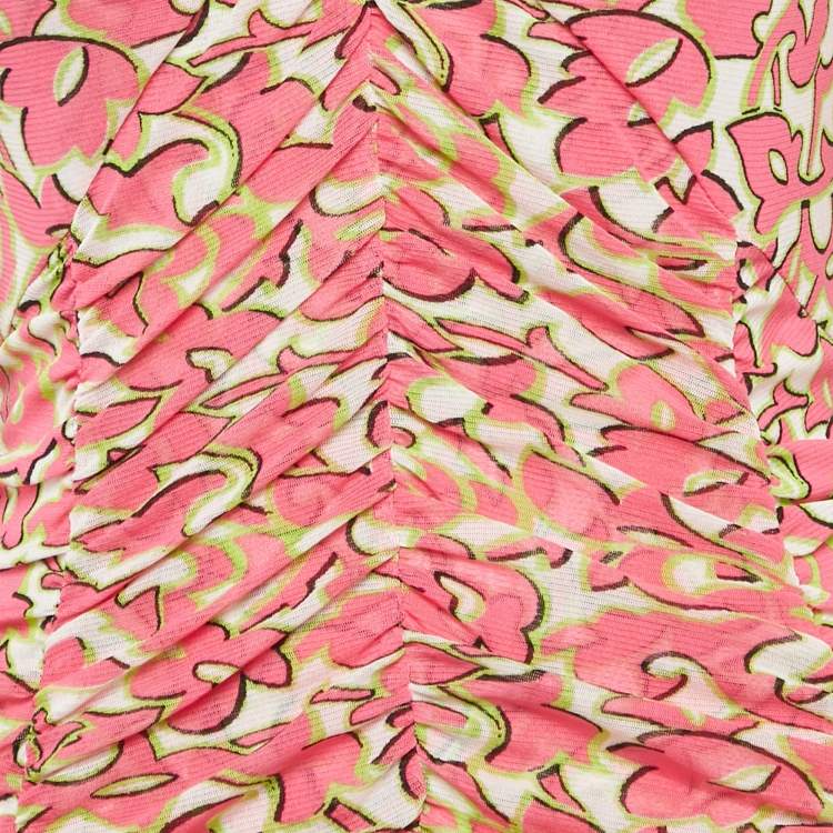 Pre Owned Diane Von Furstenberg Pink Printed Mesh Ruched Dress M