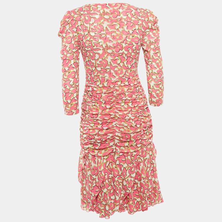 Pre Owned Diane Von Furstenberg Pink Printed Mesh Ruched Dress M