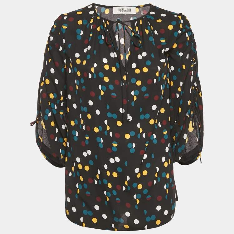 Pre Owned Diane Von Furstenberg Black Polka Dot Print Crepe Blouson Sleeve Tunic Top M
