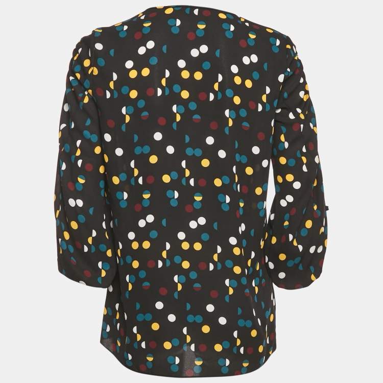 Pre Owned Diane Von Furstenberg Black Polka Dot Print Crepe Blouson Sleeve Tunic Top M