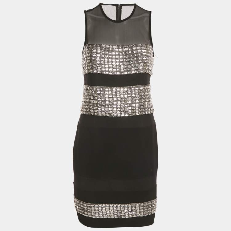 Pre Owned Diane Von Furstenberg Black Embellished Crepe Mini Dress M