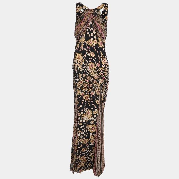 Pre Owned Diane Von Furstenberg Black Printed Silk Halter Neck Dress S