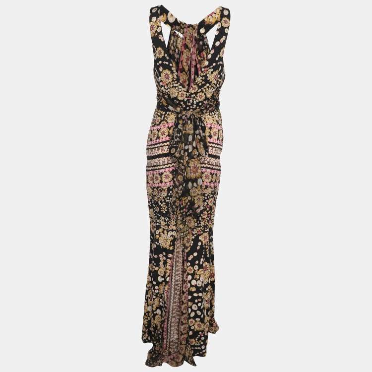 Pre Owned Diane Von Furstenberg Black Printed Silk Halter Neck Dress S