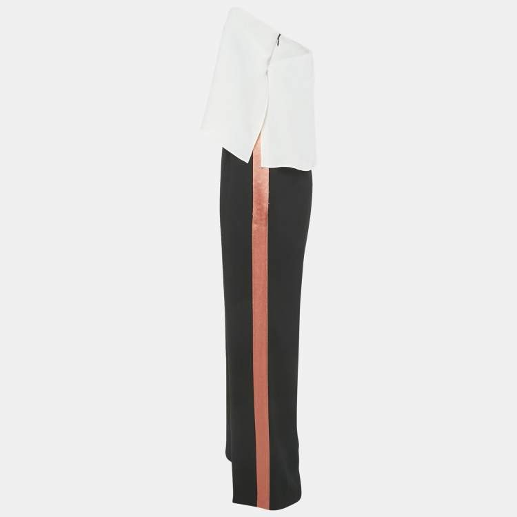 Pre Owned Diane Von Furstenberg Black/White Crepe Strapless Side Tape Jumpsuit S