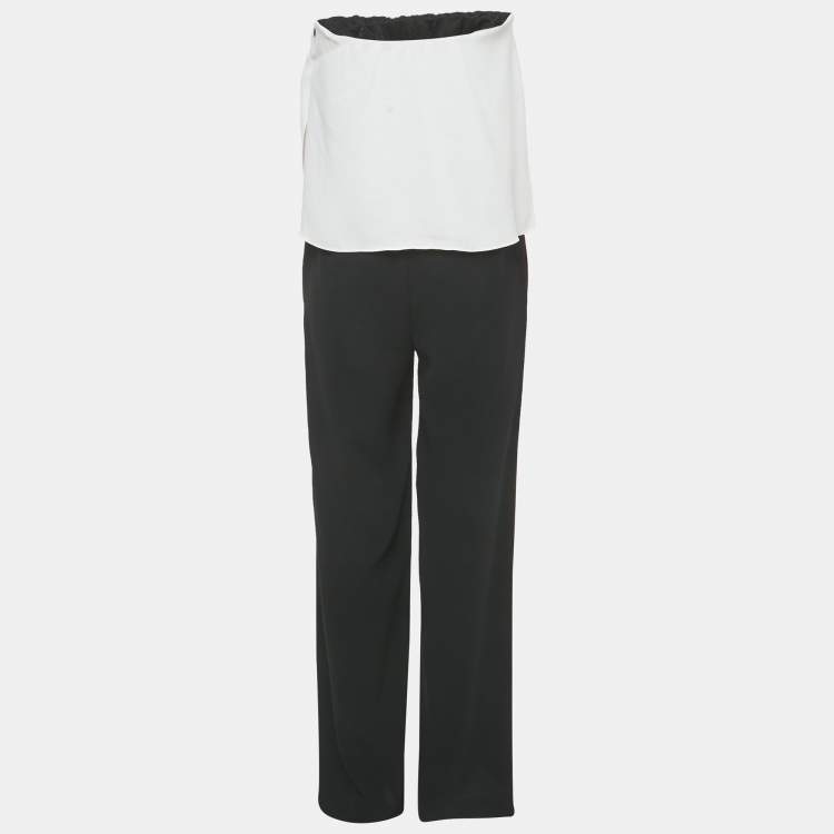 Pre Owned Diane Von Furstenberg Black/White Crepe Strapless Side Tape Jumpsuit S