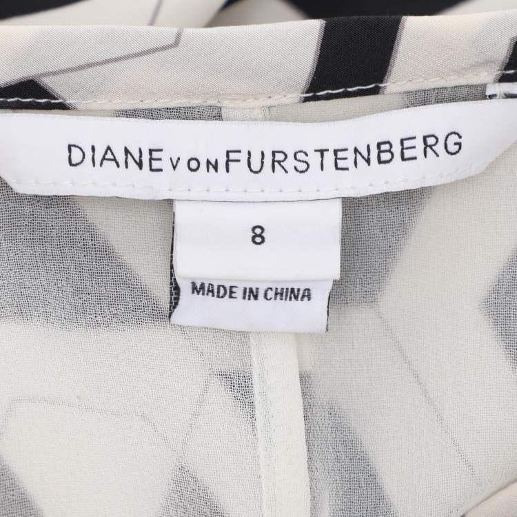 Pre Owned Diane Von Furstenberg Cream/Black Printed Silk Belted Dress S