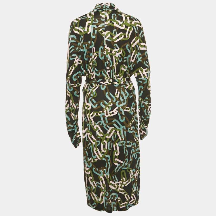 Pre Owned Diane Von Furstenberg Black Carrie Chain Print Jersey Button Front Belted Dress M
