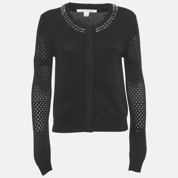 Pre Owned Diane Von Furstenberg Black Wool Blend Stud Detail Cardigan M