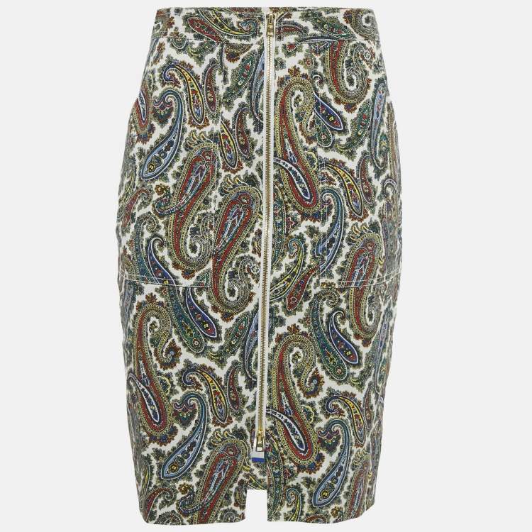 Pre Owned Diane Von Furstenberg Multicolor Paisley Print Cotton Zip Up Midi Skirt M