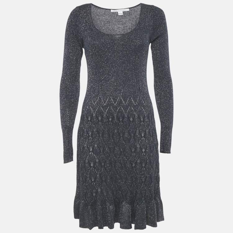 Pre Owned Diane Von Furstenberg Midnight Blue Lurex Knit Mini Dress L
