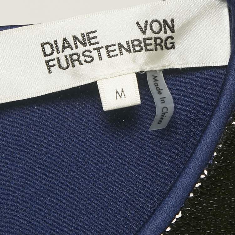 Pre Owned Diane Von Furstenberg Black/Blue Sequined Satin Sleeveless Blouse M