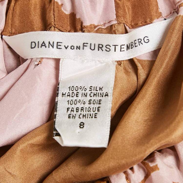 Pre Owned Diane Von Furstenberg Brown/Pink Printed Silk Naro Dress M