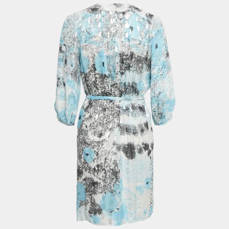 Pre Owned Diane Von Furstenberg Blue /Sliver Printed Met Dot Silk Short Wrap Dress L
