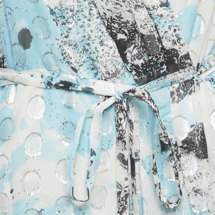 Pre Owned Diane Von Furstenberg Blue /Sliver Printed Met Dot Silk Short Wrap Dress L