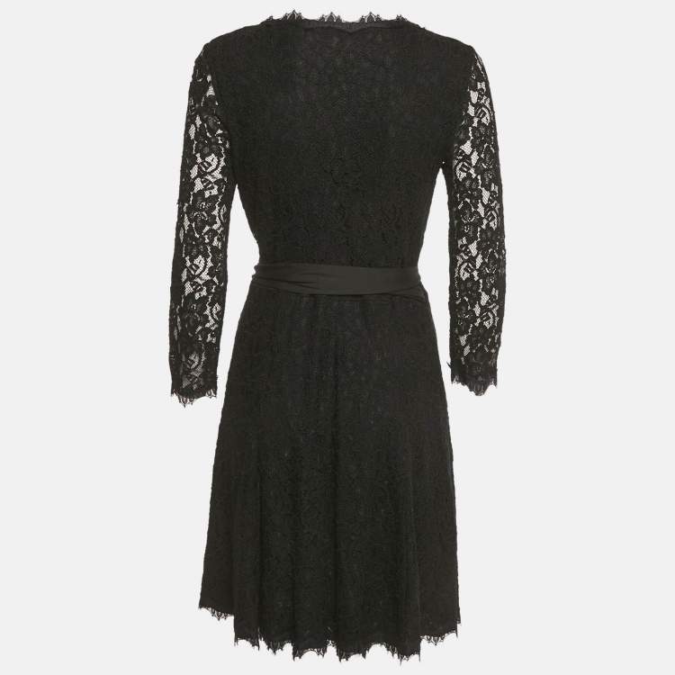Pre Owned Diane Von Furstenberg Black Lace Wrap Around Mini Dress M