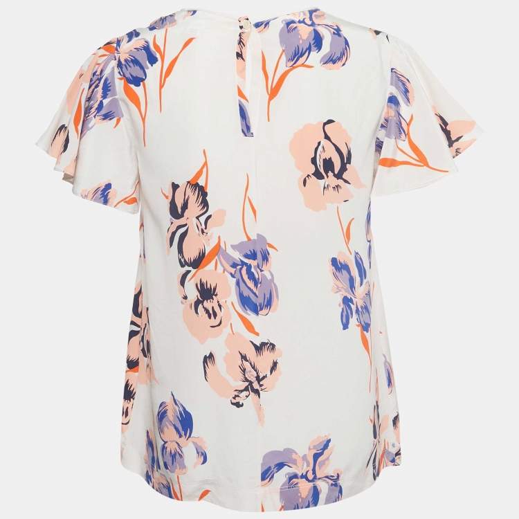 Pre Owned Diane Von Furstenberg White Floral Print Silk Flutter Sleeve Top XS