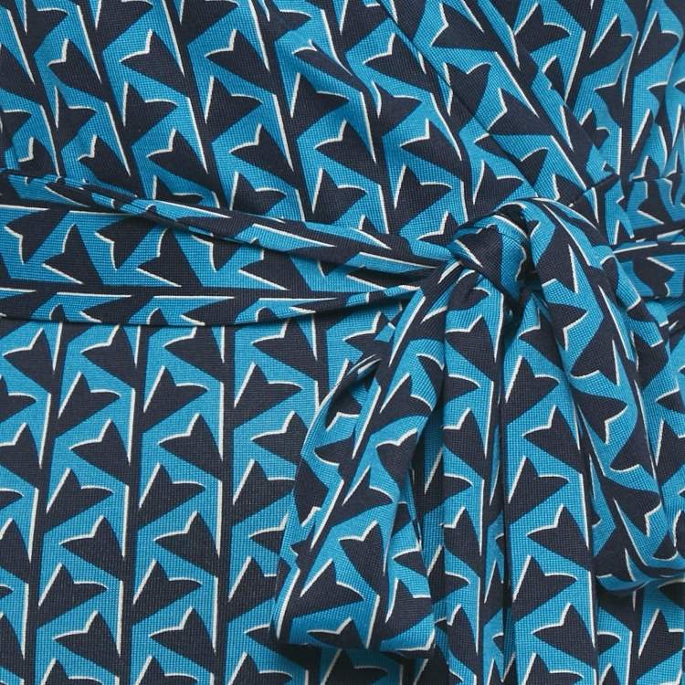 Pre Owned Diane Von Furstenberg Blue Printed Silk Wrap Around Maxi Dress XS