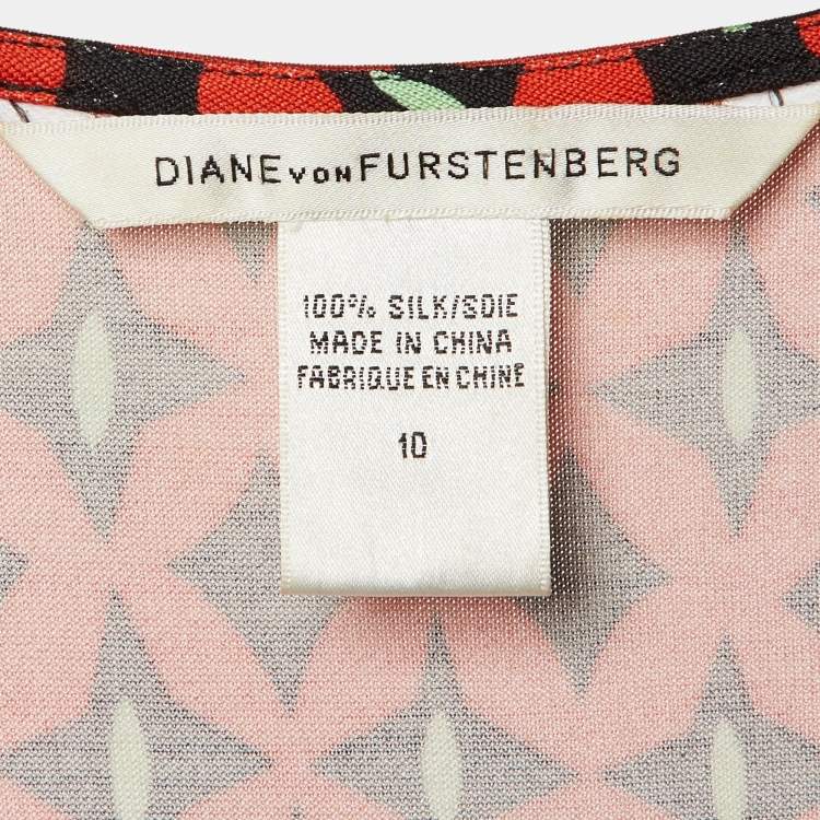 Pre Owned Diane Von Furstenberg Brick Red Printed Silk Keesa Sleeveless Dress L