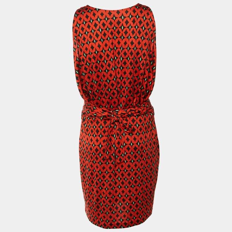 Pre Owned Diane Von Furstenberg Brick Red Printed Silk Keesa Sleeveless Dress L