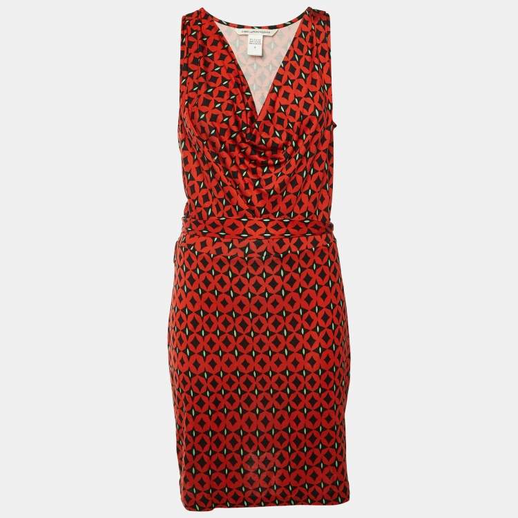 Pre Owned Diane Von Furstenberg Brick Red Printed Silk Keesa Sleeveless Dress L