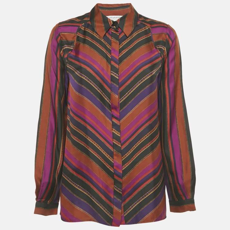 Pre Owned Diane Von Furstenberg Multicolor Striped Silk Long Sleeve Shirt M