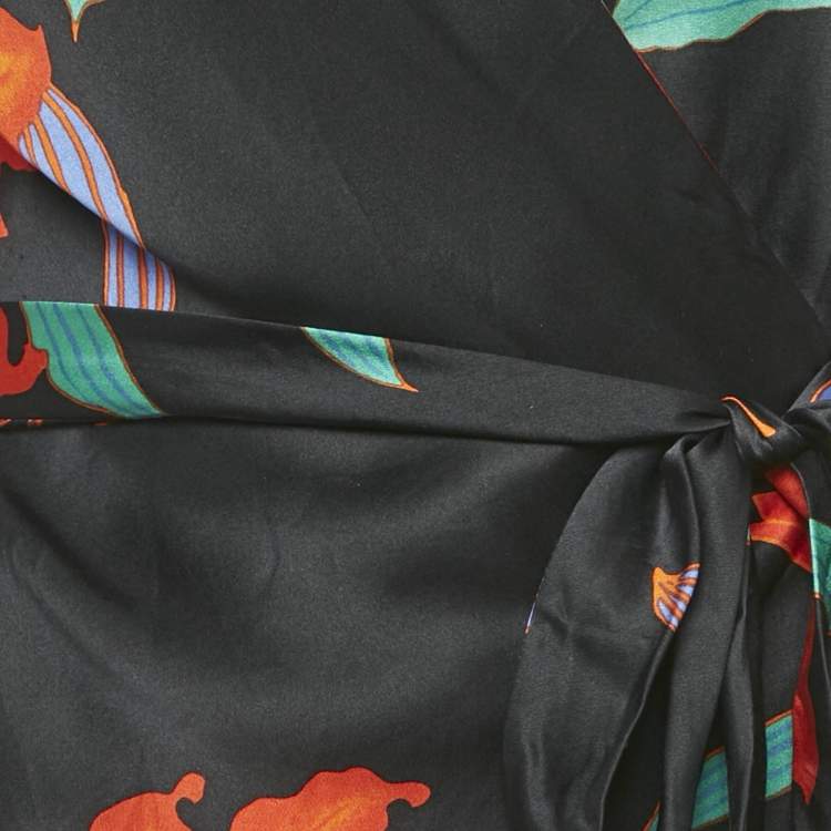 Pre Owned Diane Von Furstenberg Black Floral Print Silk Midi Wrap Dress M